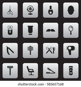Set Of 16 Editable Barbershop Icons. Includes Symbols Such As Shaver, Whiskers, Barber Tools And More. Can Be Used For Web, Mobile, UI And Infographic Design.