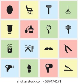 Set Of 16 Editable Barbershop Icons. Includes Symbols Such As Scrub, Container, Hair Drier And More. Can Be Used For Web, Mobile, UI And Infographic Design.