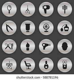 Set Of 16 Editable Barbershop Icons. Includes Symbols Such As Scent, Scrub, Vial And More. Can Be Used For Web, Mobile, UI And Infographic Design.