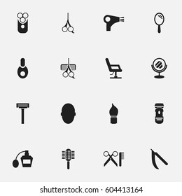 Set Of 16 Editable Barbershop Icons. Includes Symbols Such As Hairdresser Set, Cut Tool, Barber Tools And More. Can Be Used For Web, Mobile, UI And Infographic Design.