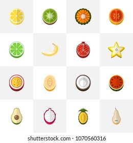 Set of 16 editable berry icons flat style. Includes symbols such as melon, pear, lime and more. Can be used for web, mobile, UI and infographic design.