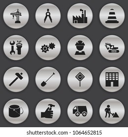 Set of 16 editable building icons. Includes symbols such as wrench with flashlight, handle hit, builder. Can be used for web, mobile, UI and infographic design.