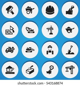 Set Of 16 Editable Building Icons. Includes Symbols Such As Oar, Elevator, Facing And More. Can Be Used For Web, Mobile, UI And Infographic Design.