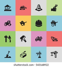 Set Of 16 Editable Building Icons. Includes Symbols Such As Scrub, Oar, Trolley And More. Can Be Used For Web, Mobile, UI And Infographic Design.