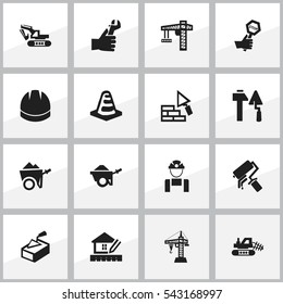 Set Of 16 Editable Building Icons. Includes Symbols Such As Notice Object , Trolley , Hands. Can Be Used For Web, Mobile, UI And Infographic Design.