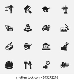 Set Of 16 Editable Building Icons. Includes Symbols Such As Excavation Machine, Home Scheduling, Scrub And More. Can Be Used For Web, Mobile, UI And Infographic Design.