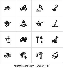 Set Of 16 Editable Building Icons. Includes Symbols Such As Endurance, Elevator, Truck And More. Can Be Used For Web, Mobile, UI And Infographic Design.