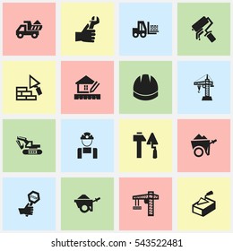 Set Of 16 Editable Building Icons. Includes Symbols Such As Handcart , Hands , Camion. Can Be Used For Web, Mobile, UI And Infographic Design.
