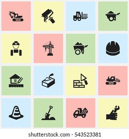 Set Of 16 Editable Building Icons. Includes Symbols Such As Camion, Oar, Facing And More. Can Be Used For Web, Mobile, UI And Infographic Design.