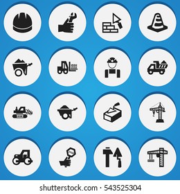Set Of 16 Editable Building Icons. Includes Symbols Such As Camion , Hands , Endurance. Can Be Used For Web, Mobile, UI And Infographic Design.