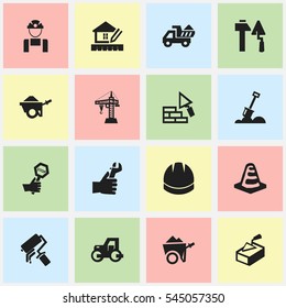 Set Of 16 Editable Building Icons. Includes Symbols Such As Camion, Hardhat, Oar And More. Can Be Used For Web, Mobile, UI And Infographic Design.