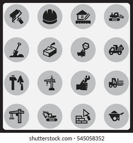 Set Of 16 Editable Building Icons. Includes Symbols Such As Hardhat, Truck, Trolley And More. Can Be Used For Web, Mobile, UI And Infographic Design.