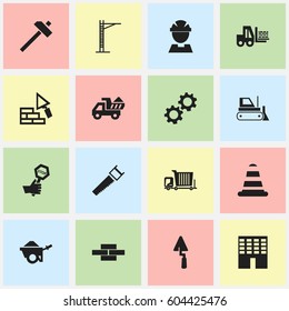Set Of 16 Editable Building Icons. Includes Symbols Such As Cogwheel, Worker, Architecture And More. Can Be Used For Web, Mobile, UI And Infographic Design.