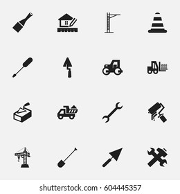 Set Of 16 Editable Building Icons. Includes Symbols Such As Spatula, Turn-Screw, Caterpillar And More. Can Be Used For Web, Mobile, UI And Infographic Design.