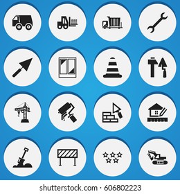 Set Of 16 Editable Building Icons. Includes Symbols Such As Barrier, Scrub, Wrench And More. Can Be Used For Web, Mobile, UI And Infographic Design.