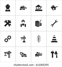 Set Of 16 Editable Building Icons. Includes Symbols Such As Warning Cone, Home Scheduling, Trolley And More. Can Be Used For Web, Mobile, UI And Infographic Design.