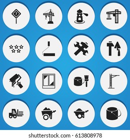 Set Of 16 Editable Building Icons. Includes Symbols Such As Five Starlet, Question Help, Construction Tools And More. Can Be Used For Web, Mobile, UI And Infographic Design.