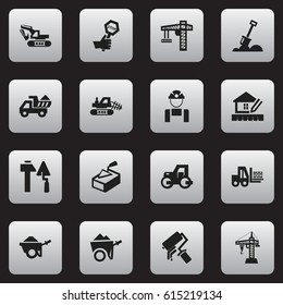 Set Of 16 Editable Building Icons. Includes Symbols Such As Home Scheduling, Truck, Employee And More. Can Be Used For Web, Mobile, UI And Infographic Design.