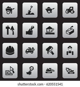 Set Of 16 Editable Building Icons. Includes Symbols Such As Scrub, Excavation Machine, Spatula And More. Can Be Used For Web, Mobile, UI And Infographic Design.