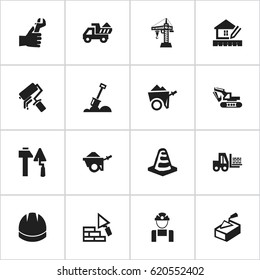 Set Of 16 Editable Building Icons. Includes Symbols Such As Employee , Handcart , Notice Object. Can Be Used For Web, Mobile, UI And Infographic Design.