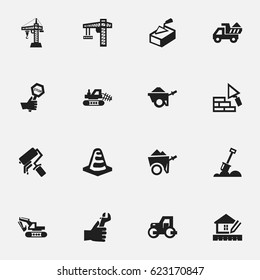 Set Of 16 Editable Building Icons. Includes Symbols Such As Facing, Notice Object , Handcart. Can Be Used For Web, Mobile, UI And Infographic Design.