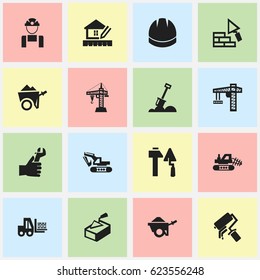 Set Of 16 Editable Building Icons. Includes Symbols Such As Employee, Lifting Equipment, Spatula And More. Can Be Used For Web, Mobile, UI And Infographic Design.
