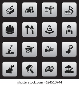 Set Of 16 Editable Building Icons. Includes Symbols Such As Scrub, Caterpillar, Facing And More. Can Be Used For Web, Mobile, UI And Infographic Design.