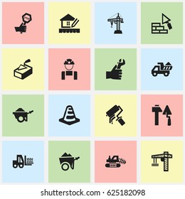 Set Of 16 Editable Building Icons. Includes Symbols Such As Camion, Employee, Home Scheduling And More. Can Be Used For Web, Mobile, UI And Infographic Design.