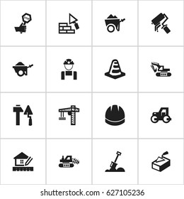 Set Of 16 Editable Building Icons. Includes Symbols Such As Notice Object, Home Scheduling, Lifting Equipment And More. Can Be Used For Web, Mobile, UI And Infographic Design.