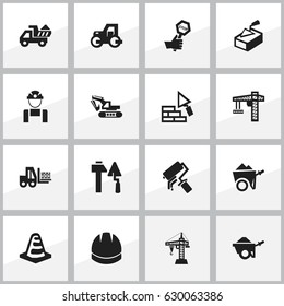 Set Of 16 Editable Building Icons. Includes Symbols Such As Handcart , Notice Object , Excavation Machine. Can Be Used For Web, Mobile, UI And Infographic Design.