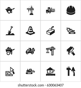 Set Of 16 Editable Building Icons. Includes Symbols Such As Construction Tools, Camion, Excavation Machine And More. Can Be Used For Web, Mobile, UI And Infographic Design.