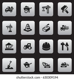 Set Of 16 Editable Building Icons. Includes Symbols Such As Camion, Caterpillar, Oar And More. Can Be Used For Web, Mobile, UI And Infographic Design.