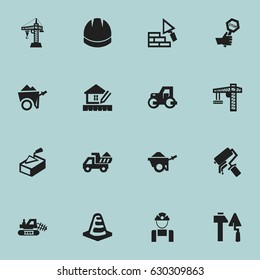 Set Of 16 Editable Building Icons. Includes Symbols Such As Mule, Construction Tools, Hardhat And More. Can Be Used For Web, Mobile, UI And Infographic Design.