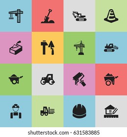Set Of 16 Editable Building Icons. Includes Symbols Such As Notice Object, Elevator, Home Scheduling And More. Can Be Used For Web, Mobile, UI And Infographic Design.