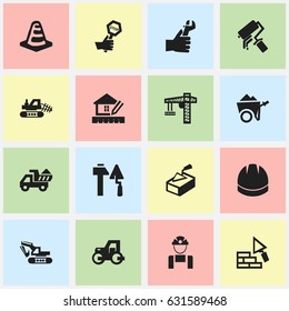 Set Of 16 Editable Building Icons. Includes Symbols Such As Caterpillar, Mule, Hands. Can Be Used For Web, Mobile, UI And Infographic Design.