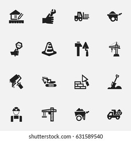 Set Of 16 Editable Building Icons. Includes Symbols Such As Excavation Machine, Truck, Scrub And More. Can Be Used For Web, Mobile, UI And Infographic Design.