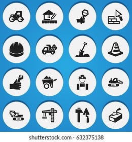 Set Of 16 Editable Building Icons. Includes Symbols Such As Endurance, Construction Tools, Hardhat And More. Can Be Used For Web, Mobile, UI And Infographic Design.