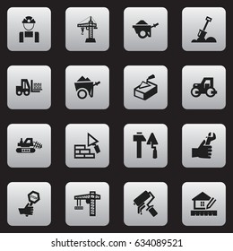 Set Of 16 Editable Building Icons. Includes Symbols Such As Scrub, Elevator, Home Scheduling And More. Can Be Used For Web, Mobile, UI And Infographic Design.