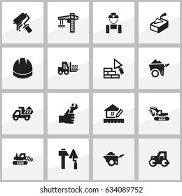 Set Of 16 Editable Building Icons. Includes Symbols Such As Home Scheduling, Caterpillar, Excavation Machine And More. Can Be Used For Web, Mobile, UI And Infographic Design.