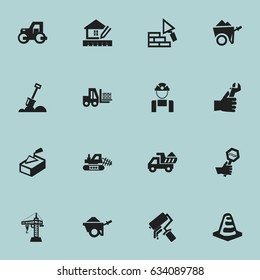 Set Of 16 Editable Building Icons. Includes Symbols Such As Handcart , Camion , Elevator. Can Be Used For Web, Mobile, UI And Infographic Design.