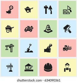 Set Of 16 Editable Building Icons. Includes Symbols Such As Endurance , Hands , Construction Tools. Can Be Used For Web, Mobile, UI And Infographic Design.