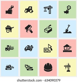 Set Of 16 Editable Building Icons. Includes Symbols Such As Elevator, Facing, Truck And More. Can Be Used For Web, Mobile, UI And Infographic Design.