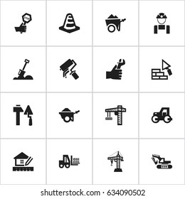 Set Of 16 Editable Building Icons. Includes Symbols Such As Scrub, Lifting Equipment, Construction Tools And More. Can Be Used For Web, Mobile, UI And Infographic Design.