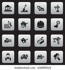 Set Of 16 Editable Building Icons. Includes Symbols Such As Trolley, Facing, Elevator And More. Can Be Used For Web, Mobile, UI And Infographic Design.