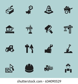 Set Of 16 Editable Building Icons. Includes Symbols Such As Hardhat , Scrub, Handcart. Can Be Used For Web, Mobile, UI And Infographic Design.