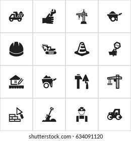 Set Of 16 Editable Building Icons. Includes Symbols Such As Construction Tools, Elevator, Hands. Can Be Used For Web, Mobile, UI And Infographic Design.