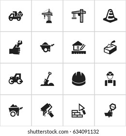 Set Of 16 Editable Building Icons. Includes Symbols Such As Camion, Notice Object, Hardhat And More. Can Be Used For Web, Mobile, UI And Infographic Design.