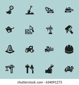 Set Of 16 Editable Building Icons. Includes Symbols Such As Excavation Machine, Facing, Scrub And More. Can Be Used For Web, Mobile, UI And Infographic Design.