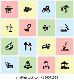 Set Of 16 Editable Building Icons including Symbols Such As Construction Tools, Endurance, Notice Object And More. Can Be Used For Web, Mobile, UI And Infographic Design.