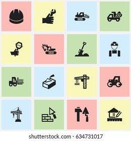 Set Of 16 Editable Building Icons. Includes Symbols Such As Lifting Equipment, Truck, Home Scheduling And More. Can Be Used For Web, Mobile, UI And Infographic Design.